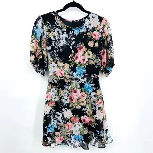 LULUS Black Colorful Floral Print Short Sleeve Mini Easter Dress Size XS - Picture 1 of 8